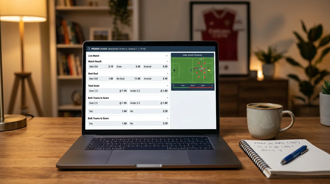 Pantalla de operador mostrando mercados de apuestas disponibles para un partido de la Premier League