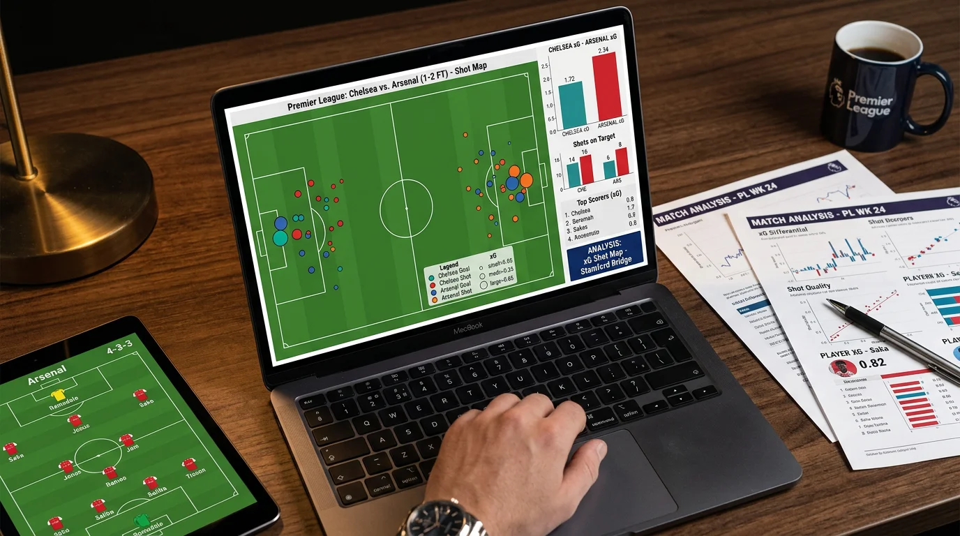 Visualización de datos xG de la Premier League con mapa de disparos y métricas de goles esperados por equipo